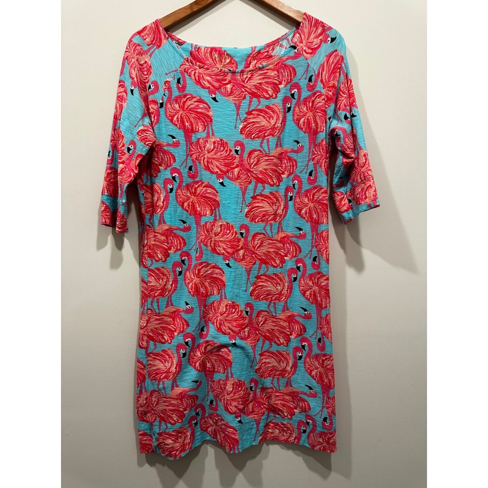 Lilly Pulitzer Pink Flamingo Blue Slub Cotton 3/4 Sleeve T-Shirt Dress Medium